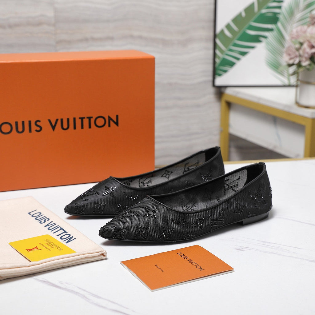 LV 26S GALA FLAT BALLERINA IN BLACK MESH WITH WITH RHINESTONES