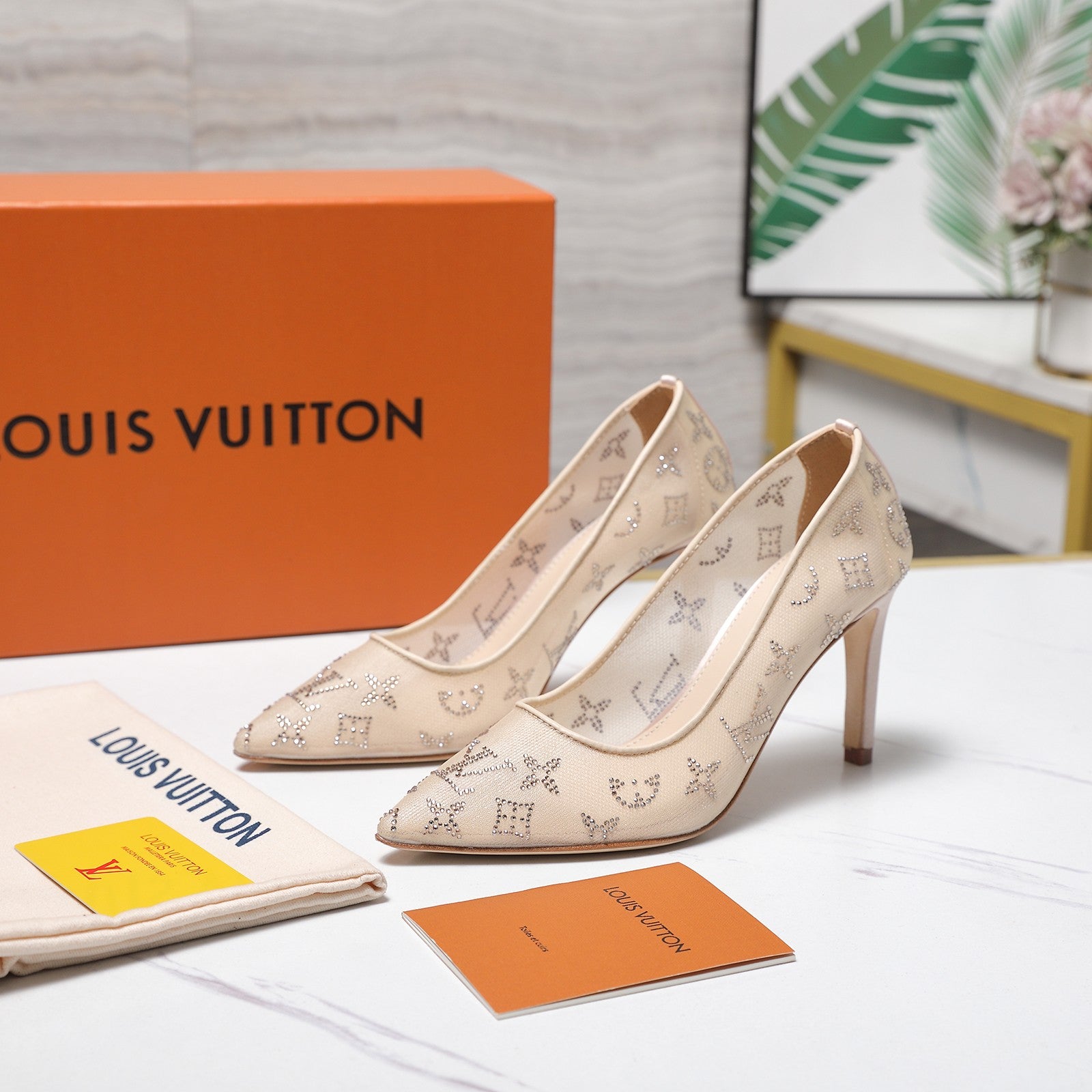 LV 26S GALA HIGH HEELS 85MM IN NUDE BEIGE MESH WITH WITH RHINESTONES
