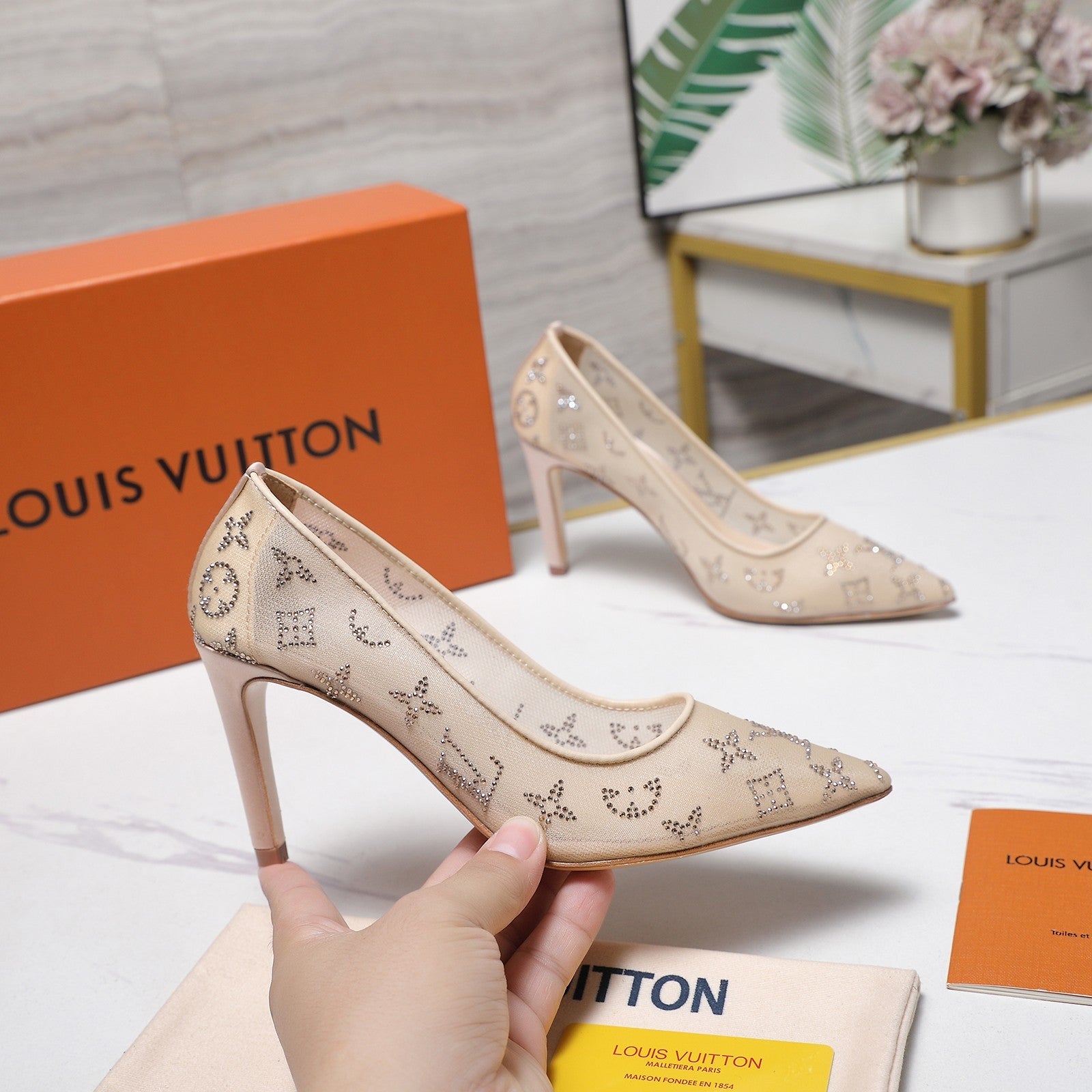 LV 26S GALA HIGH HEELS 85MM IN NUDE BEIGE MESH WITH WITH RHINESTONES