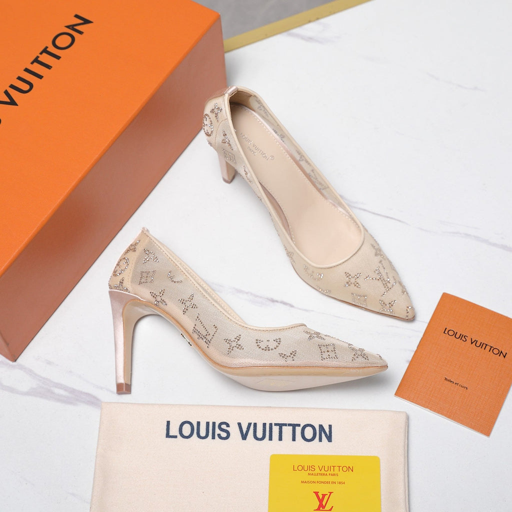 LV 26S GALA HIGH HEELS 85MM IN NUDE BEIGE MESH WITH WITH RHINESTONES