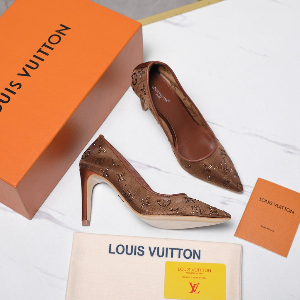 LV 26S GALA HIGH HEELS 85MM IN ORANGE BROWN MESH WITH WITH RHINESTONES
