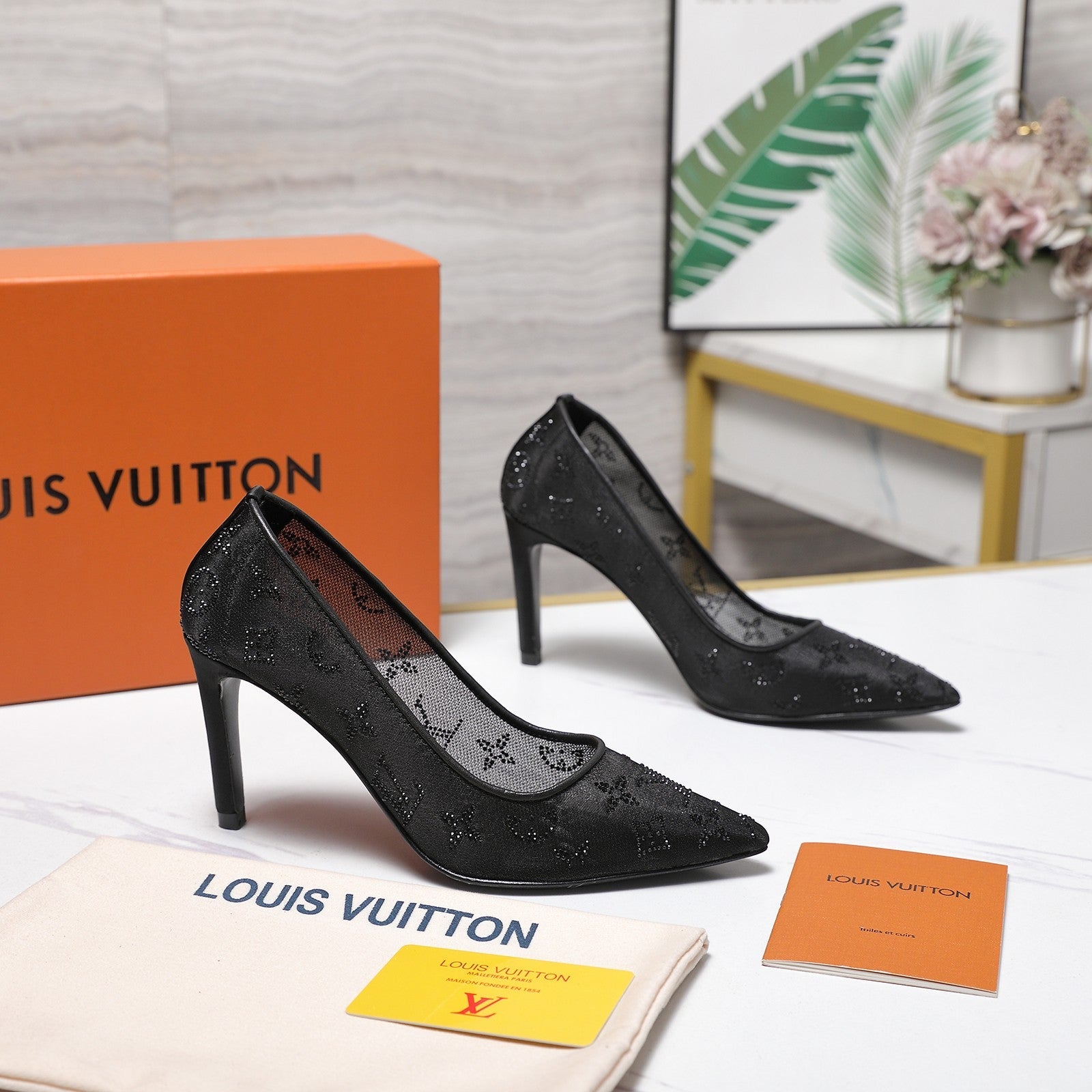 LV 26S GALA HIGH HEELS 85MM IN BLACK MESH WITH WITH RHINESTONES