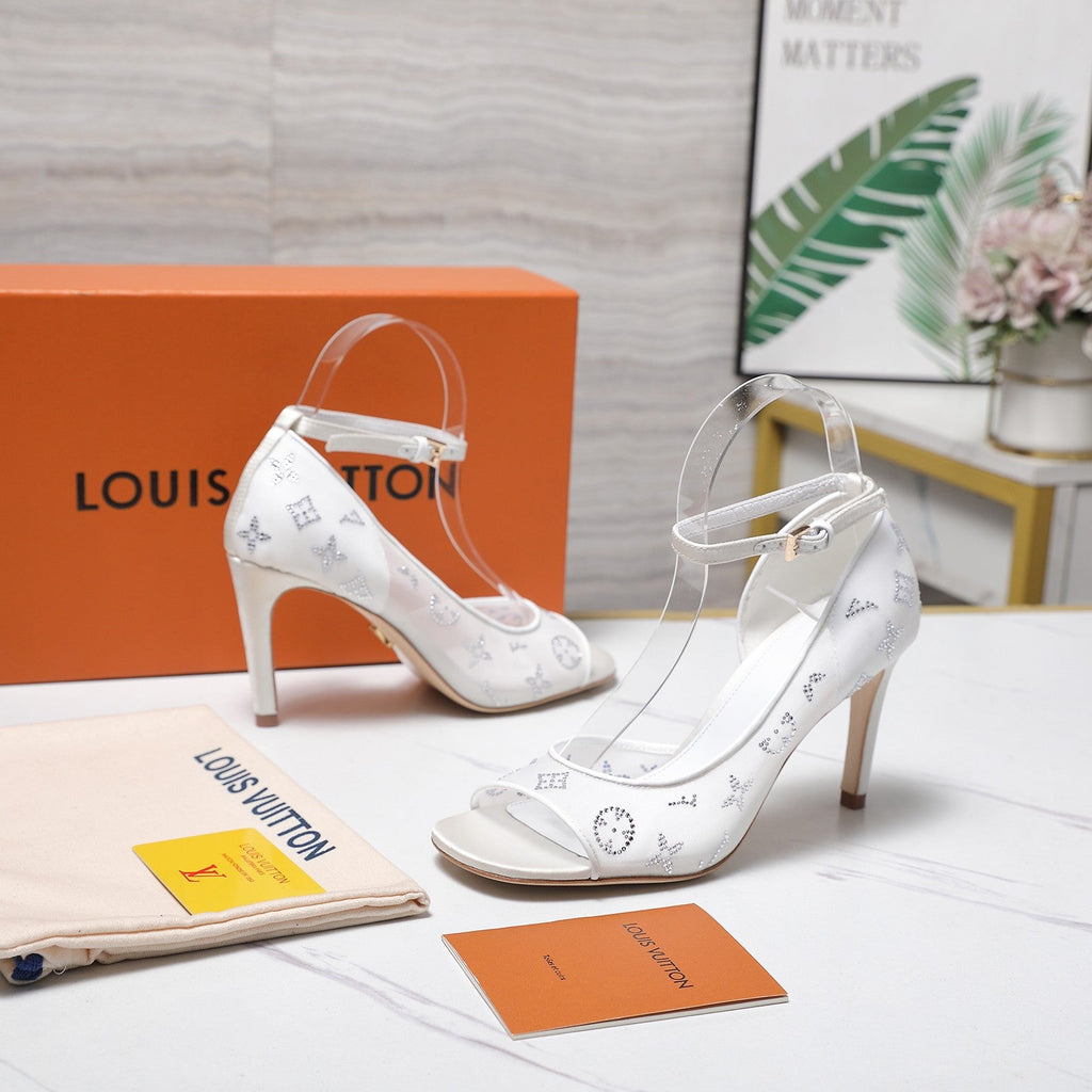 LV 26S GALA SANDAL 85MM IN WHITE MESH WITH WITH RHINESTONES