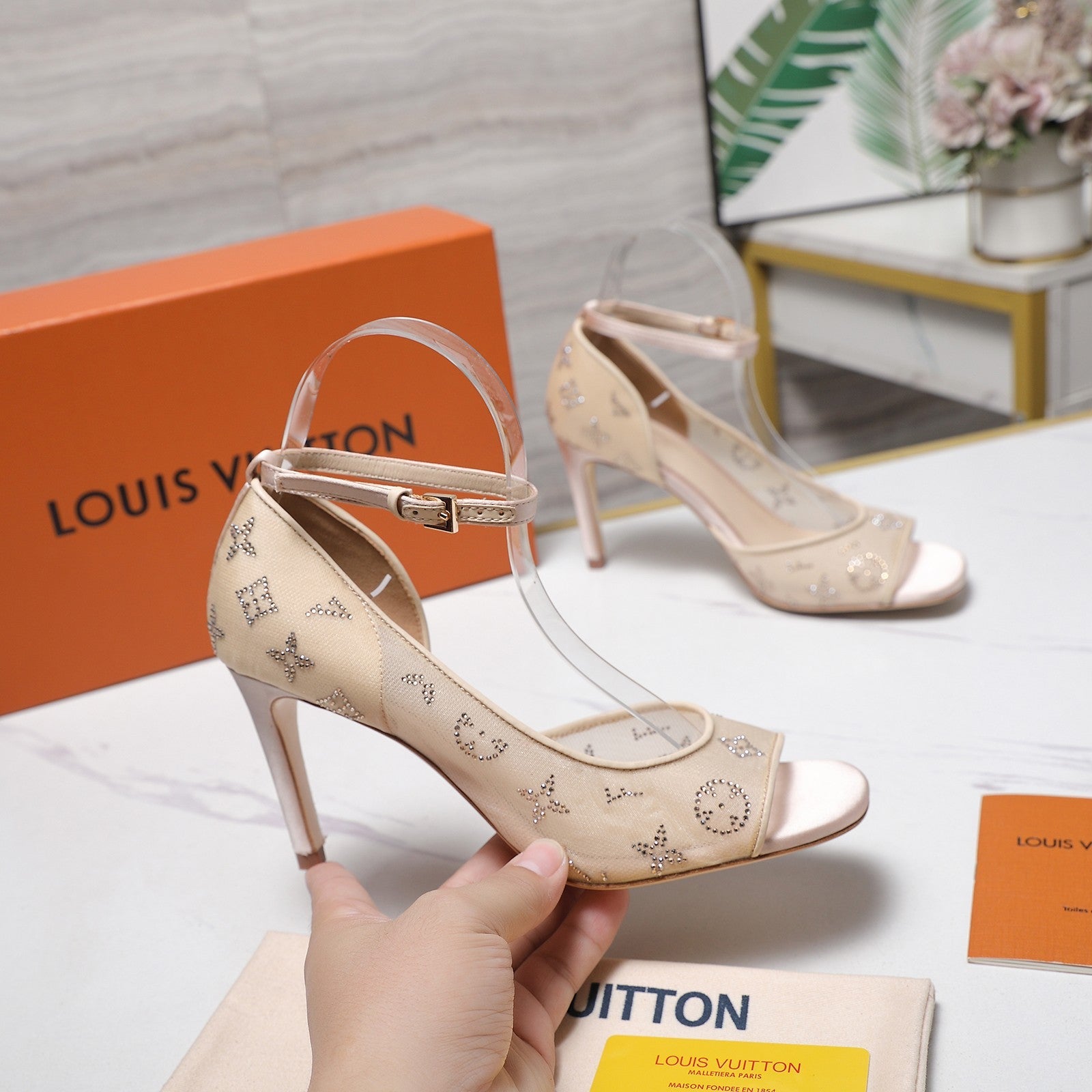 LV 26S GALA SANDAL 85MM IN NUDE BEIGE MESH WITH WITH RHINESTONES