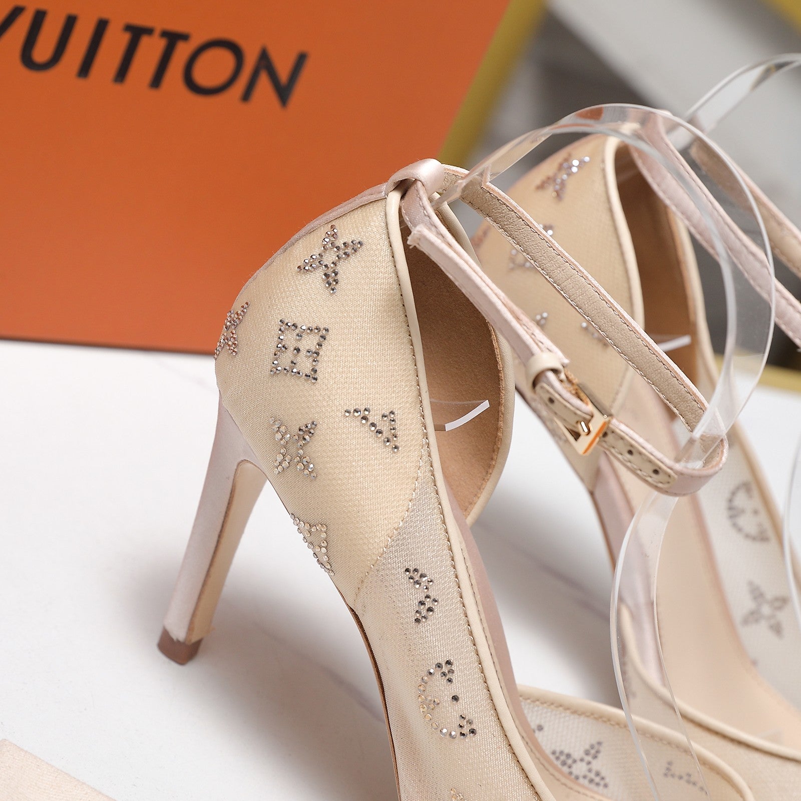 LV 26S GALA SANDAL 85MM IN NUDE BEIGE MESH WITH WITH RHINESTONES
