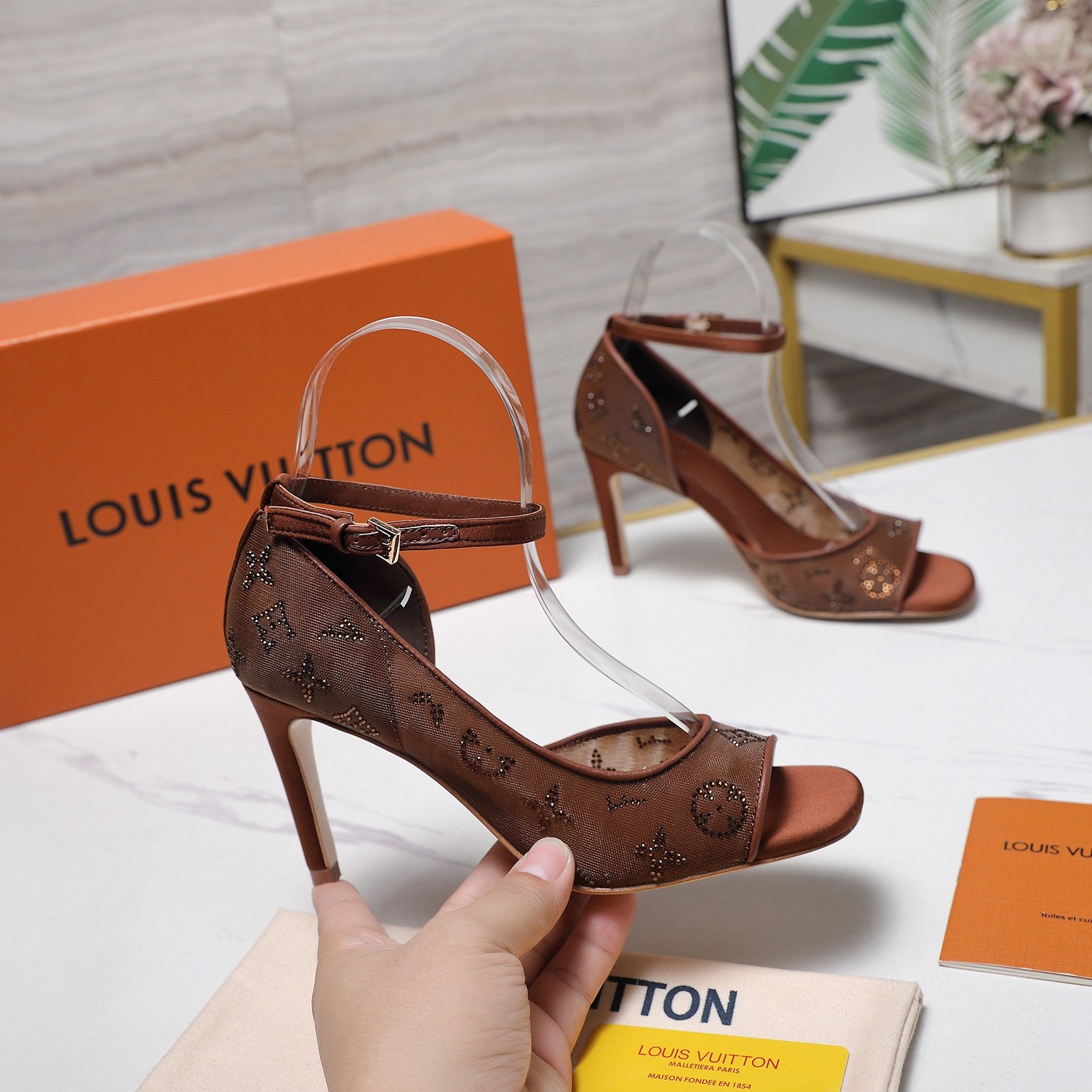 LV 26S GALA SANDAL 85MM IN ORANGE BROWN MESH WITH WITH RHINESTONES