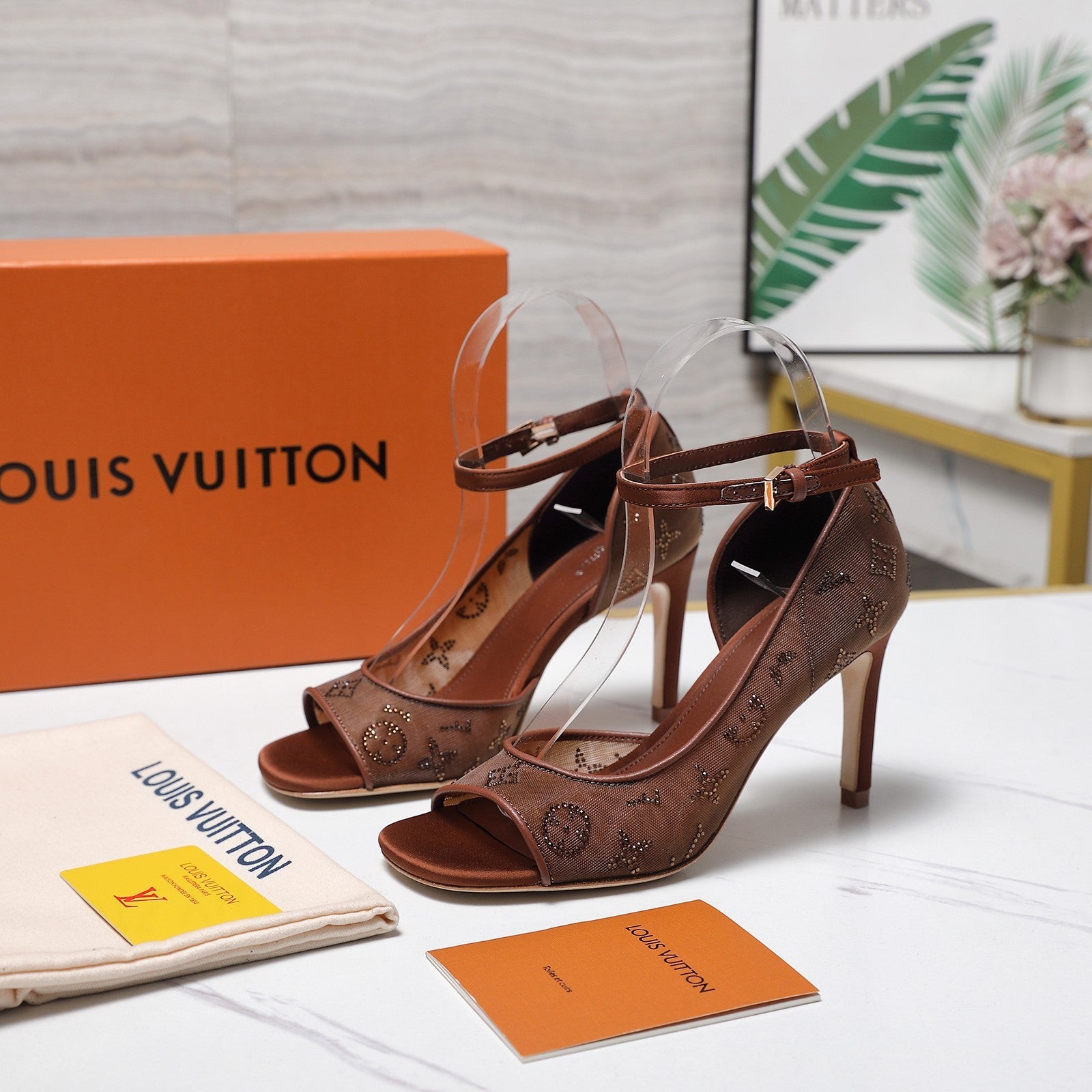 LV 26S GALA SANDAL 85MM IN ORANGE BROWN MESH WITH WITH RHINESTONES