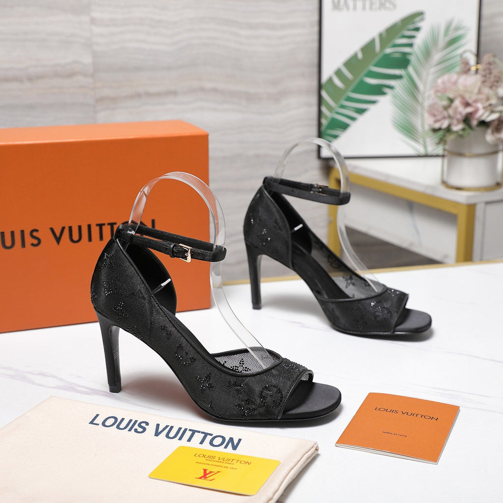 LV 26S GALA SANDAL 85MM IN BLACK MESH WITH WITH RHINESTONES