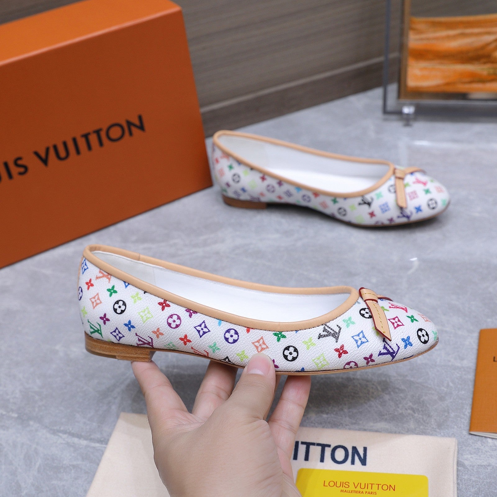 LV 26S BALLET FLATS IN WHITE MULTICOLOR MONOGRAM CALFSKIN WITH BOW
