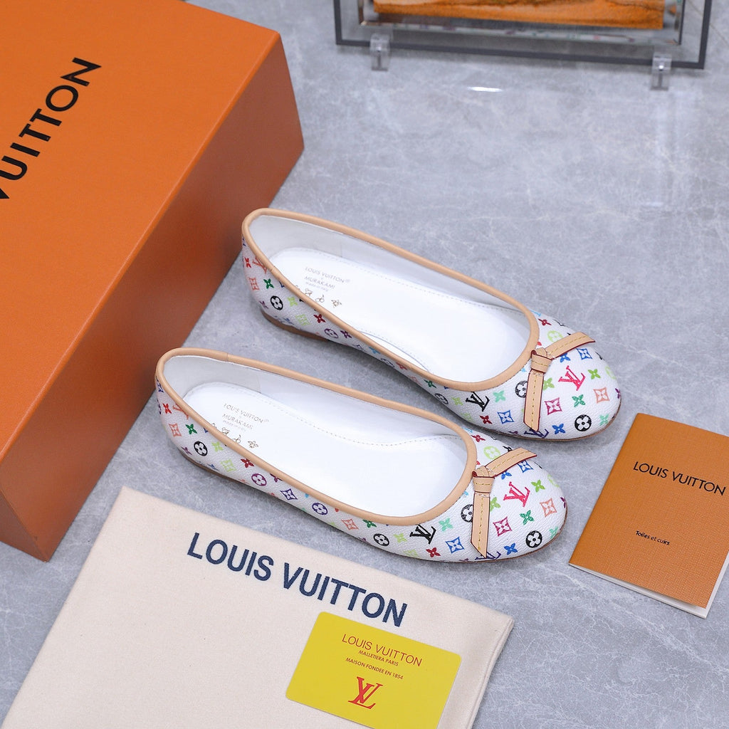 LV 26S BALLET FLATS IN WHITE MULTICOLOR MONOGRAM CALFSKIN WITH BOW
