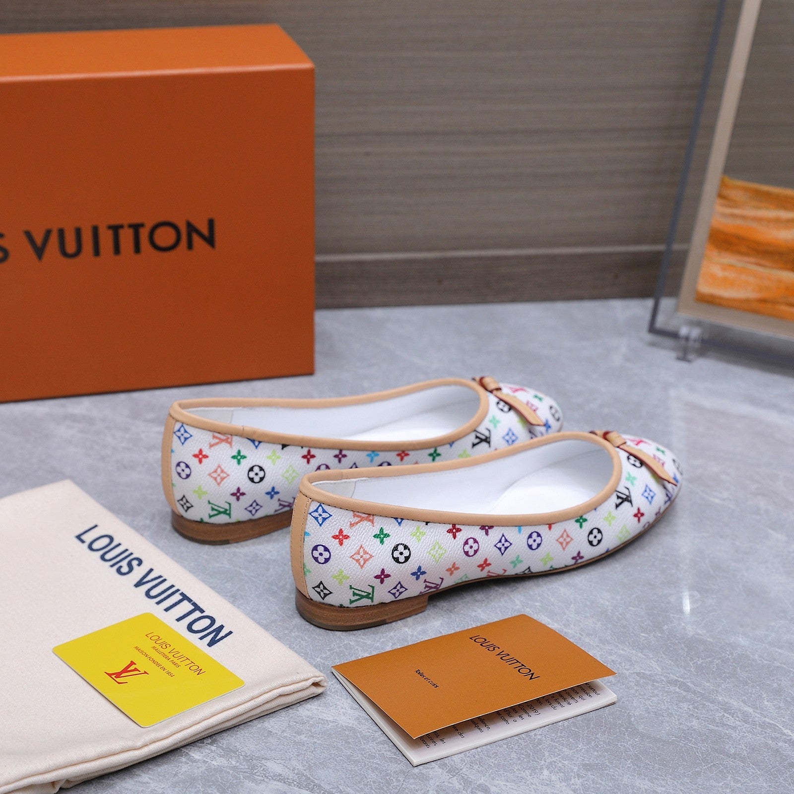 LV 26S BALLET FLATS IN WHITE MULTICOLOR MONOGRAM CALFSKIN WITH BOW
