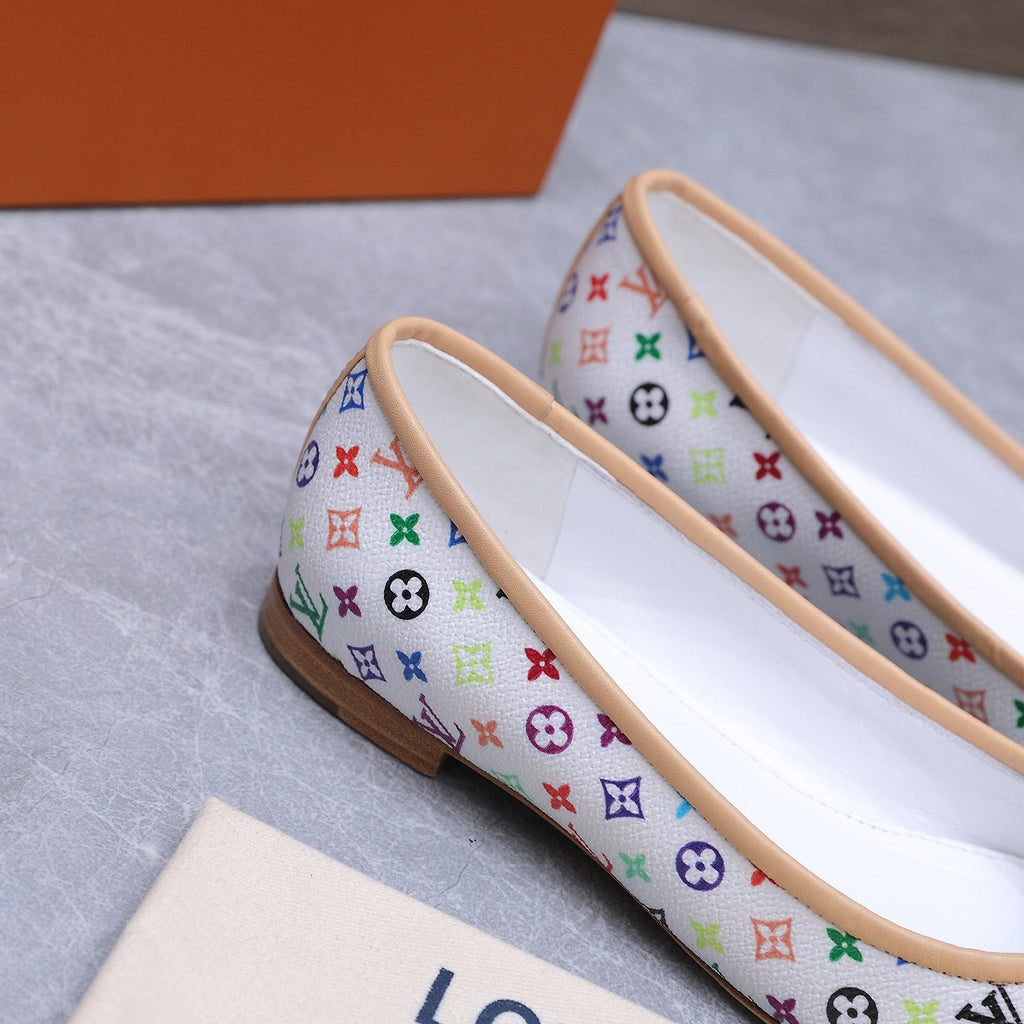 LV 26S BALLET FLATS IN WHITE MULTICOLOR MONOGRAM CALFSKIN WITH BOW
