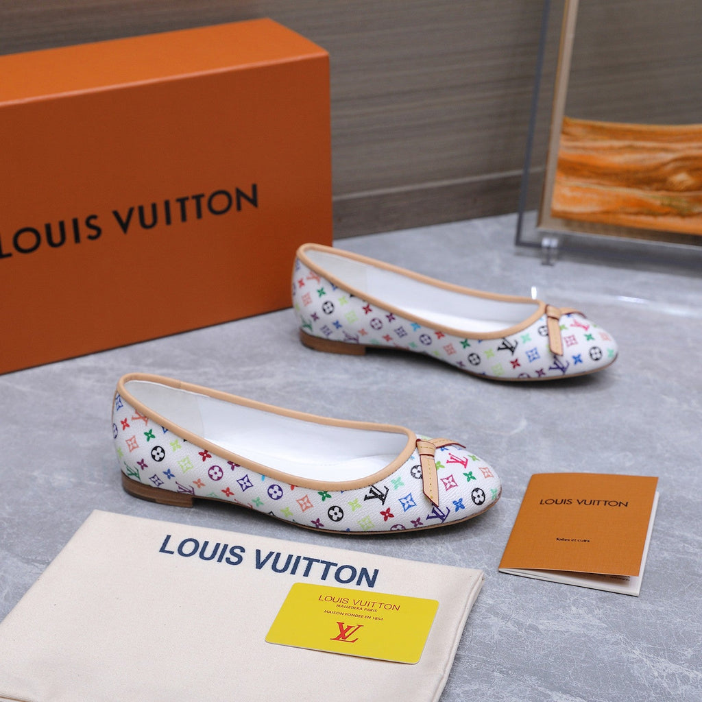 LV 26S BALLET FLATS IN WHITE MULTICOLOR MONOGRAM CALFSKIN WITH BOW