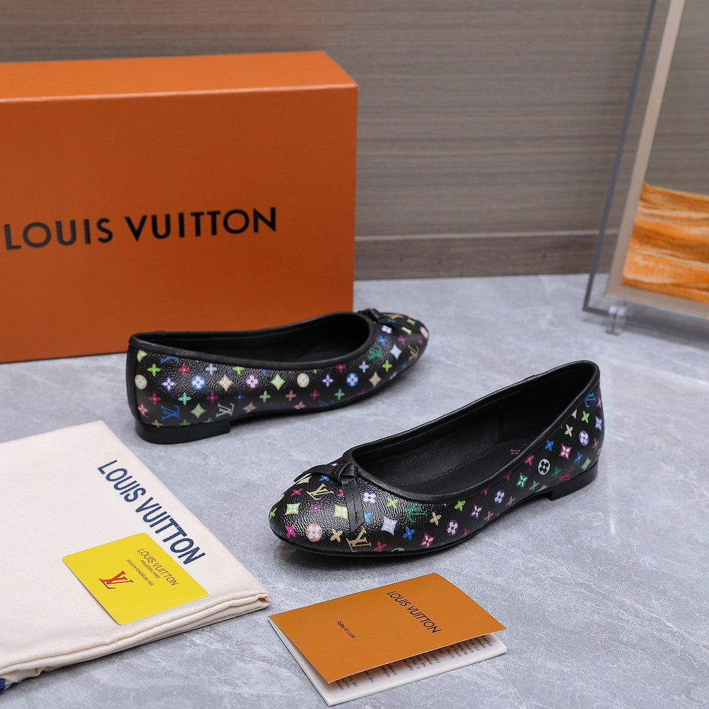 LV 26S BALLET FLATS IN BLACK MULTICOLOR MONOGRAM CALFSKIN WITH BOW