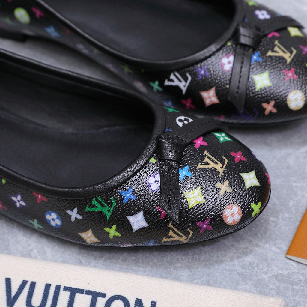 LV 26S BALLET FLATS IN BLACK MULTICOLOR MONOGRAM CALFSKIN WITH BOW