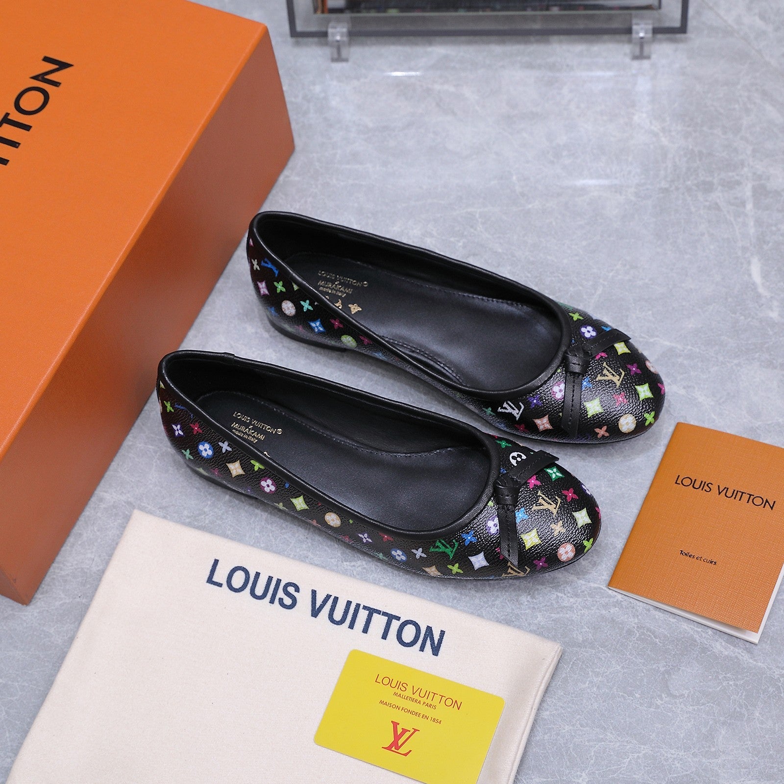 LV 26S BALLET FLATS IN BLACK MULTICOLOR MONOGRAM CALFSKIN WITH BOW