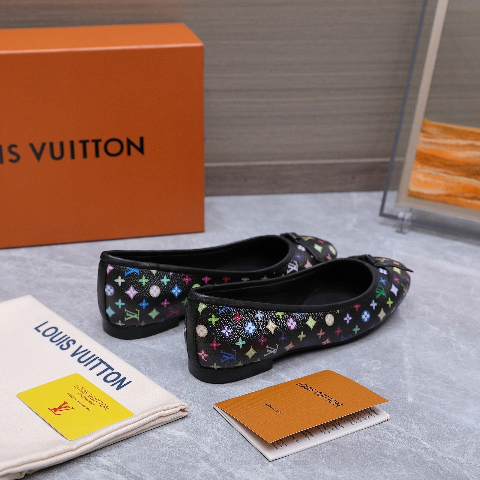 LV 26S BALLET FLATS IN BLACK MULTICOLOR MONOGRAM CALFSKIN WITH BOW