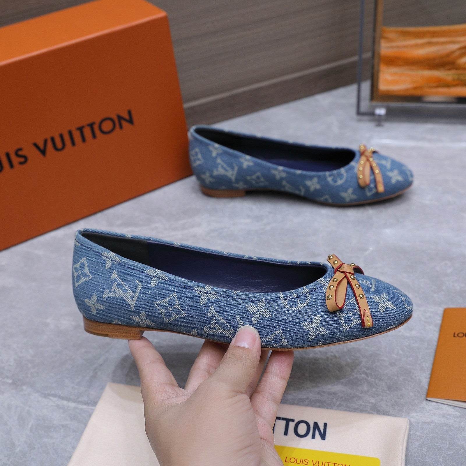 LV 26S BALLET FLATS IN SKY BLUE MONOGRAM DENIM WITH BOW CALFSKIN