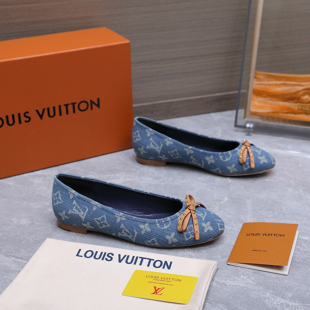LV 26S BALLET FLATS IN SKY BLUE MONOGRAM DENIM WITH BOW CALFSKIN