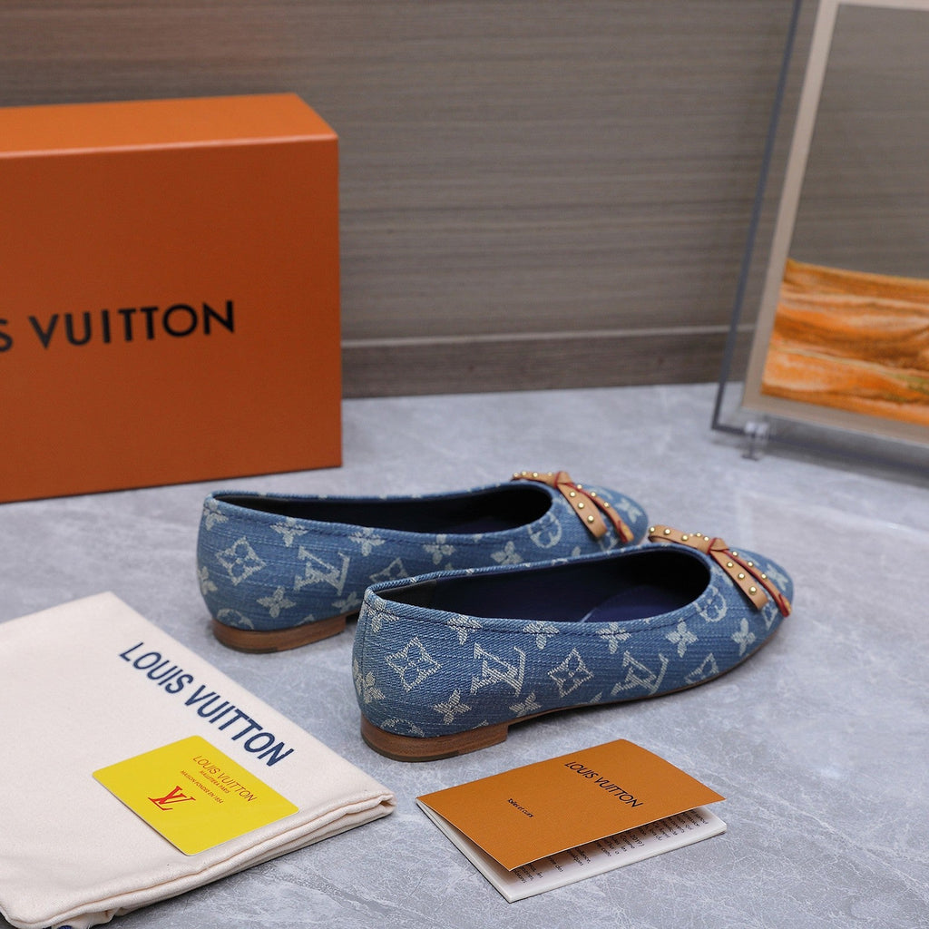 LV 26S BALLET FLATS IN SKY BLUE MONOGRAM DENIM WITH BOW CALFSKIN