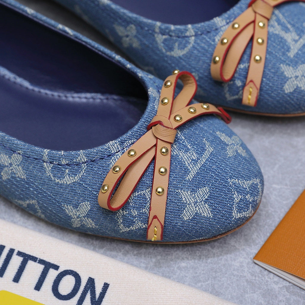 LV 26S BALLET FLATS IN SKY BLUE MONOGRAM DENIM WITH BOW CALFSKIN