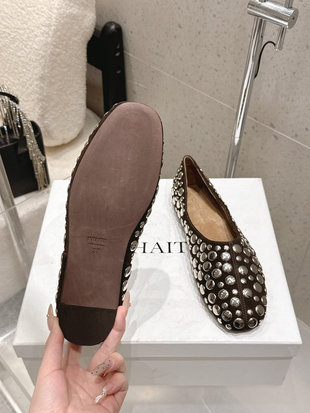 CELINE 26S FLAT SHOES IN DARK BROWN SUEDE WITH METAL STUDS