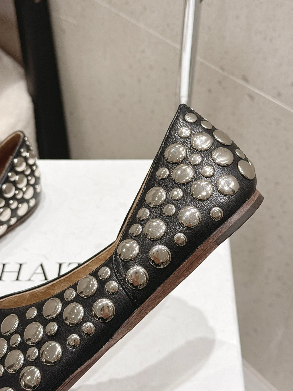 CELINE 26S FLAT SHOES IN BLACK CALFSKIN WITH METAL STUDS