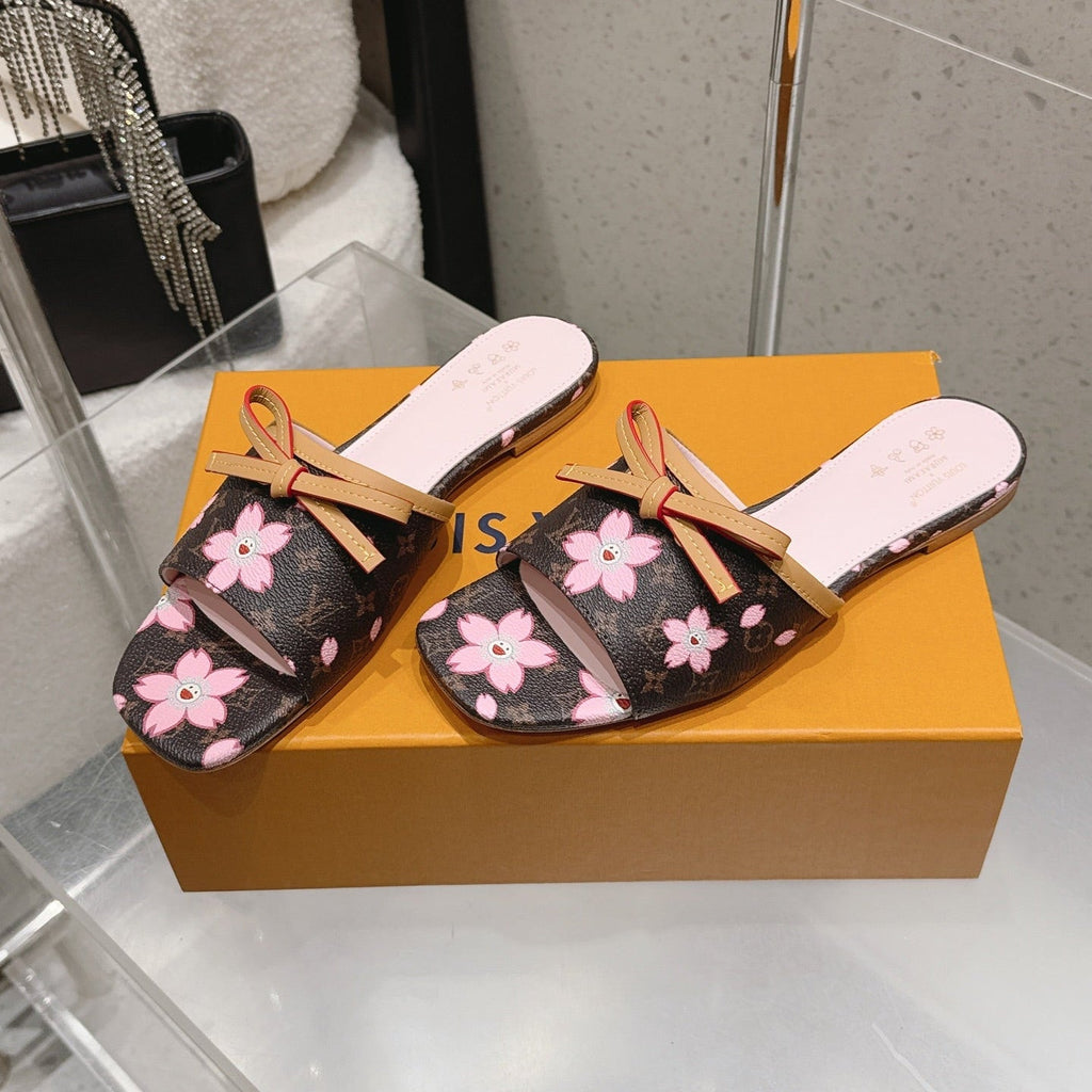LV 26S FLAT SLIDES IN BROWN CANVAS WITH PINK BLOSSOM PRINT