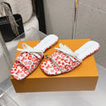 LV 26S FLAT MULE SANDALS IN WHITE RED MONOGRAM CANVAS WITH CALFSKIN BOW