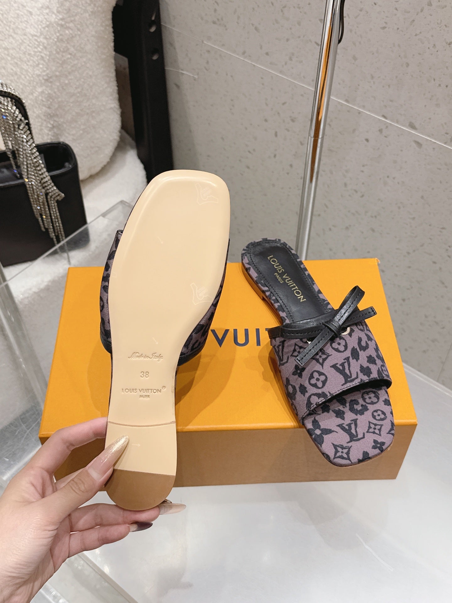 LV 26S FLAT MULE SANDALS IN PURPLE BLACK MONOGRAM CANVAS WITH CALFSKIN BOW