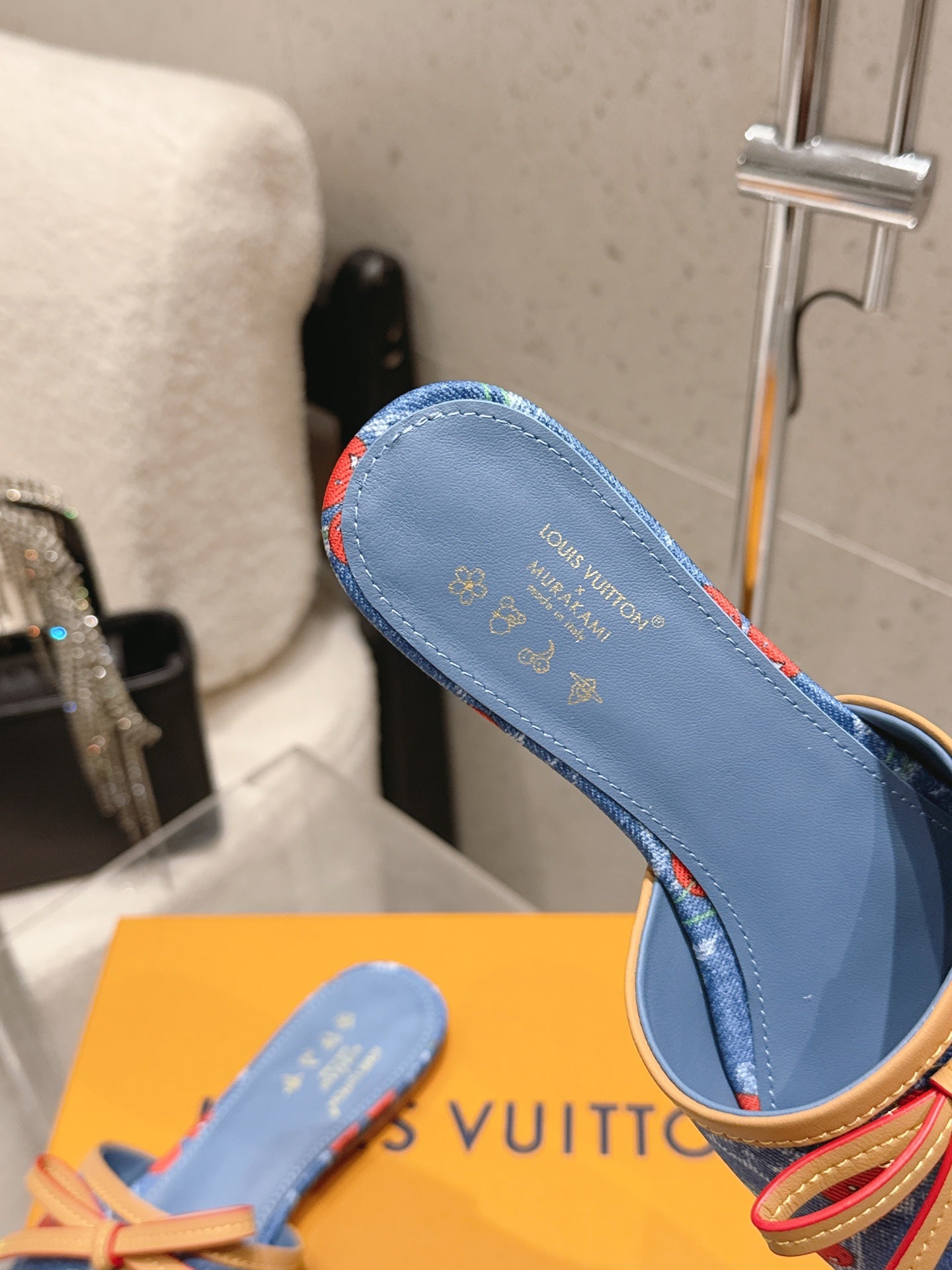 LV 26S FLAT MULE SANDALS IN BLUE MONOGRAM DENIM WITH CHERRY PRINT