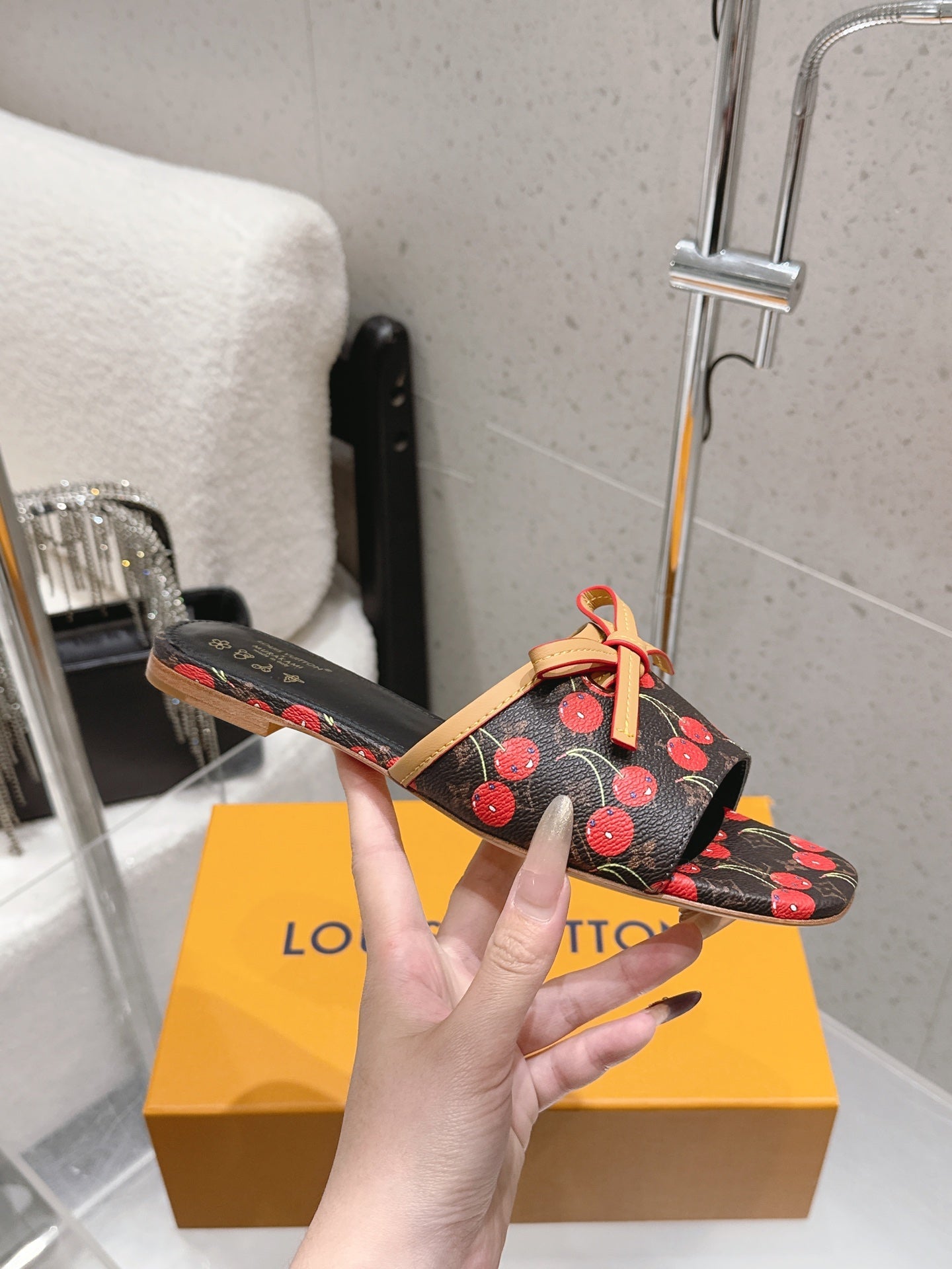 LV 26S FLAT MULE SANDALS IN BLACK MONOGRAM CANVAS WITH CHERRY PRINT