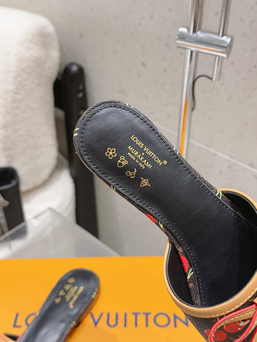 LV 26S FLAT MULE SANDALS IN BLACK MONOGRAM CANVAS WITH CHERRY PRINT