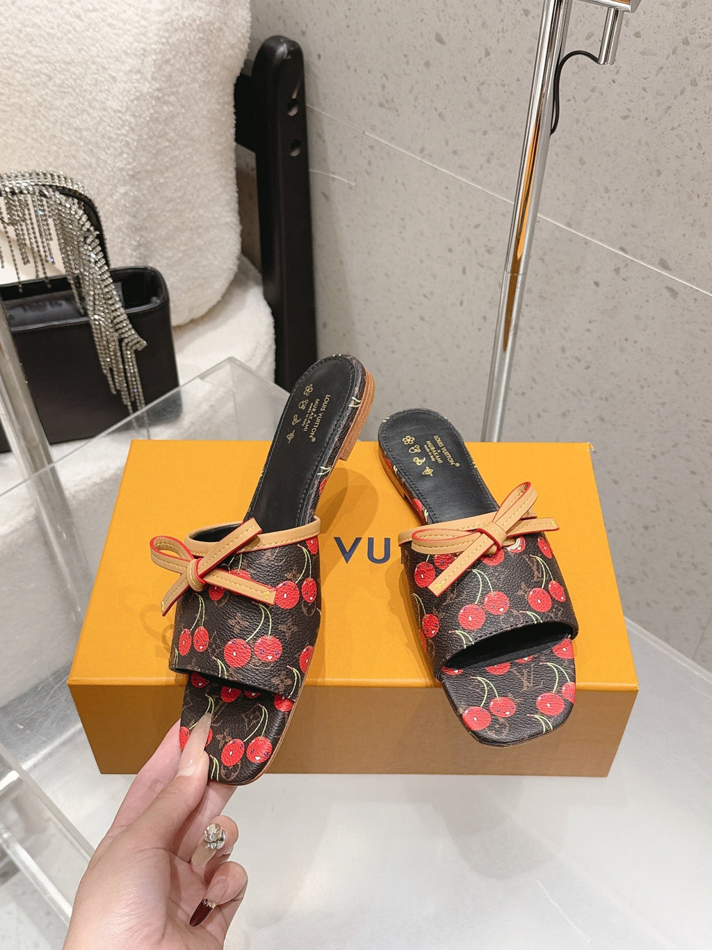 LV 26S FLAT MULE SANDALS IN BLACK MONOGRAM CANVAS WITH CHERRY PRINT