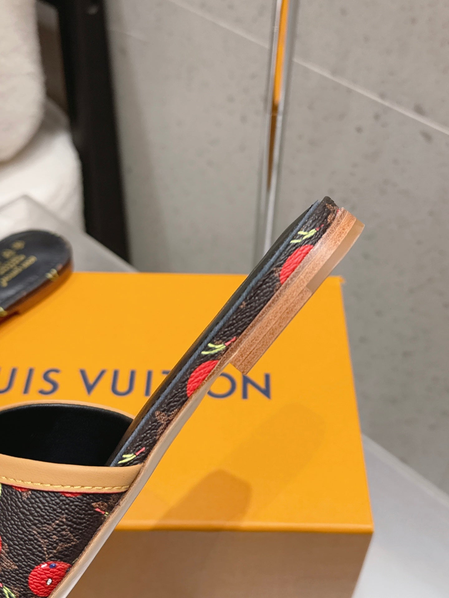 LV 26S FLAT MULE SANDALS IN BLACK MONOGRAM CANVAS WITH CHERRY PRINT