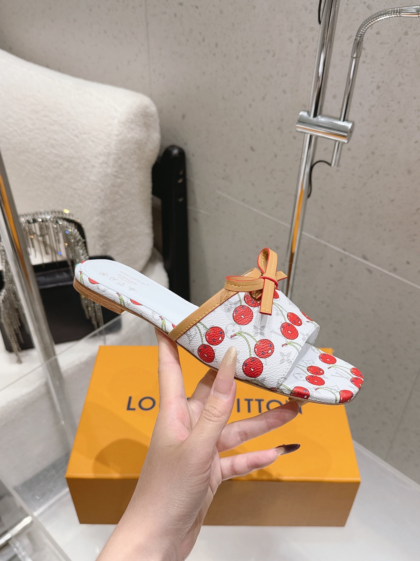 LV 26S FLAT MULE SANDALS IN WHITE MONOGRAM CANVAS WITH CHERRY PRINT