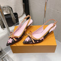 LV 26S SLINGBACK PUMPS IN BROWN MONOGRAM CANVAS WITH PINK FLORAL PRINT AND CALFSKIN BOW