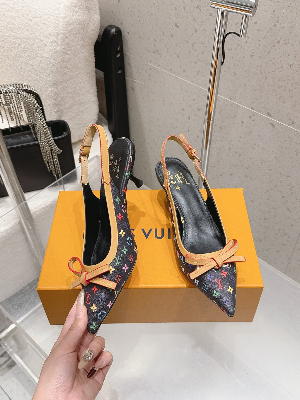 LV 26S SLINGBACK PUMPS IN BLACK MULTICOLOR MONOGRAM CANVAS WITH CALFSKIN BOW