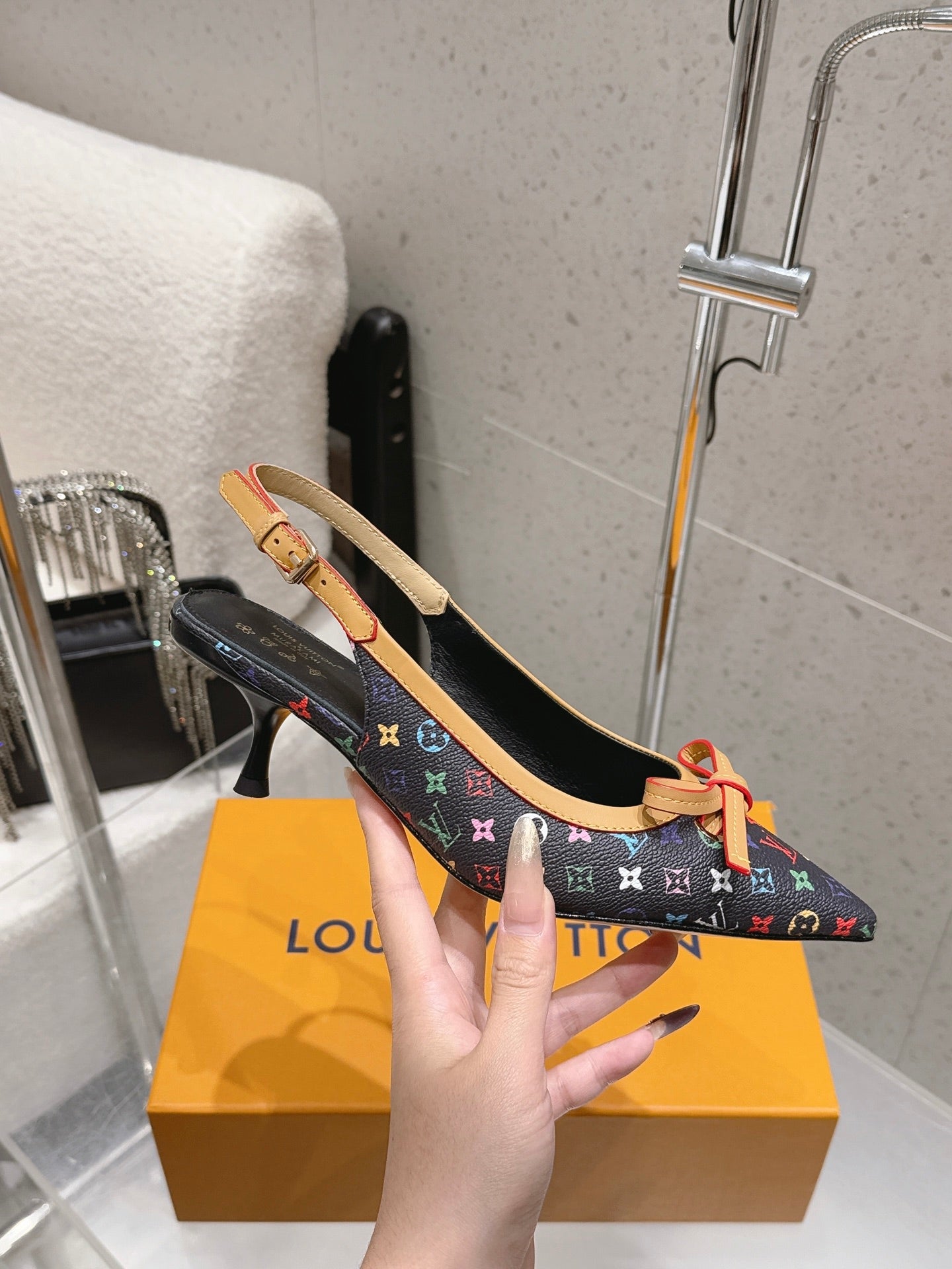 LV 26S SLINGBACK PUMPS IN BLACK MULTICOLOR MONOGRAM CANVAS WITH CALFSKIN BOW