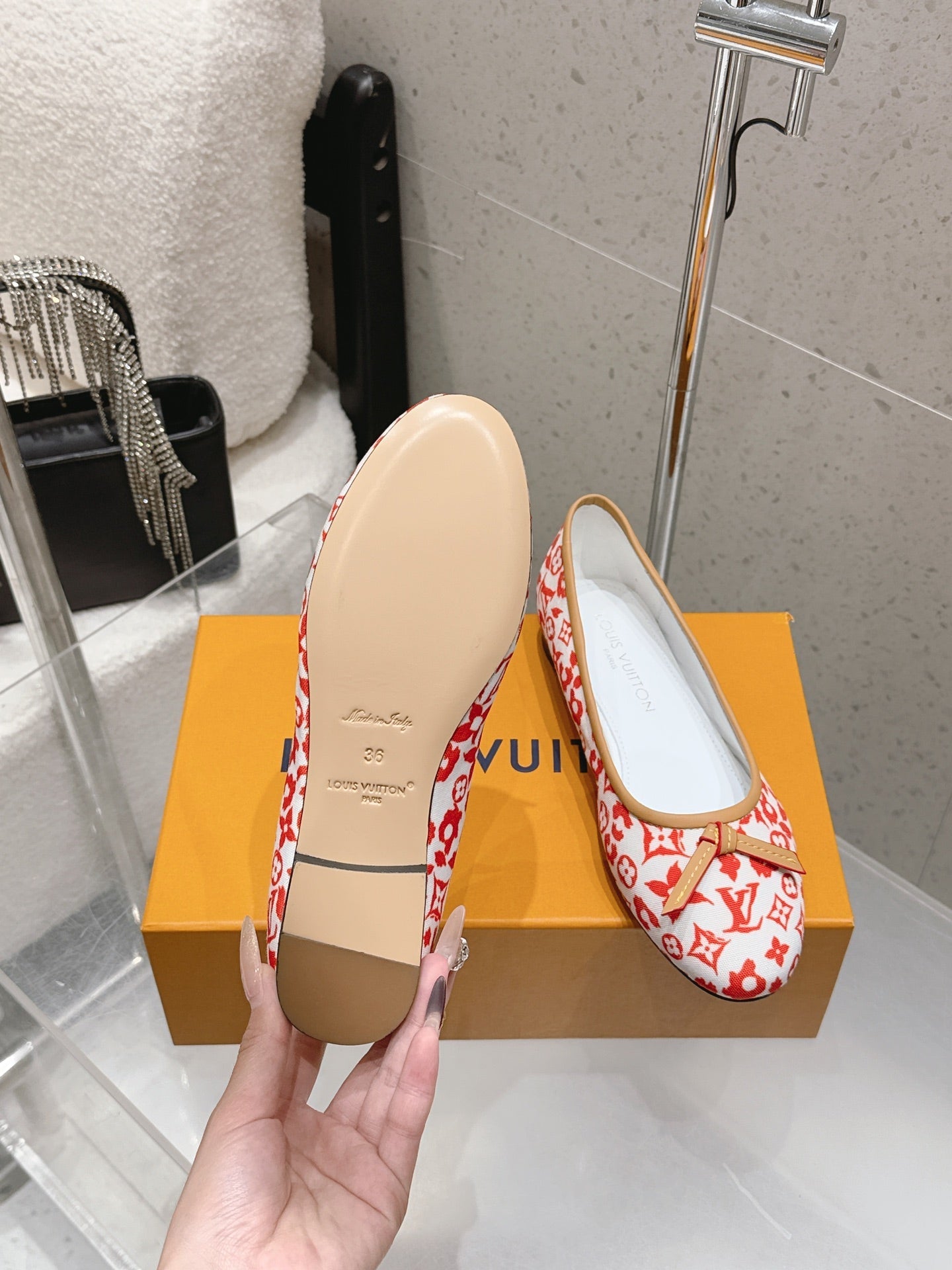 LV 26S BALLET FLATS IN WHITE RED MONOGRAM CANVAS WITH BEIGE CALFSKIN BOW