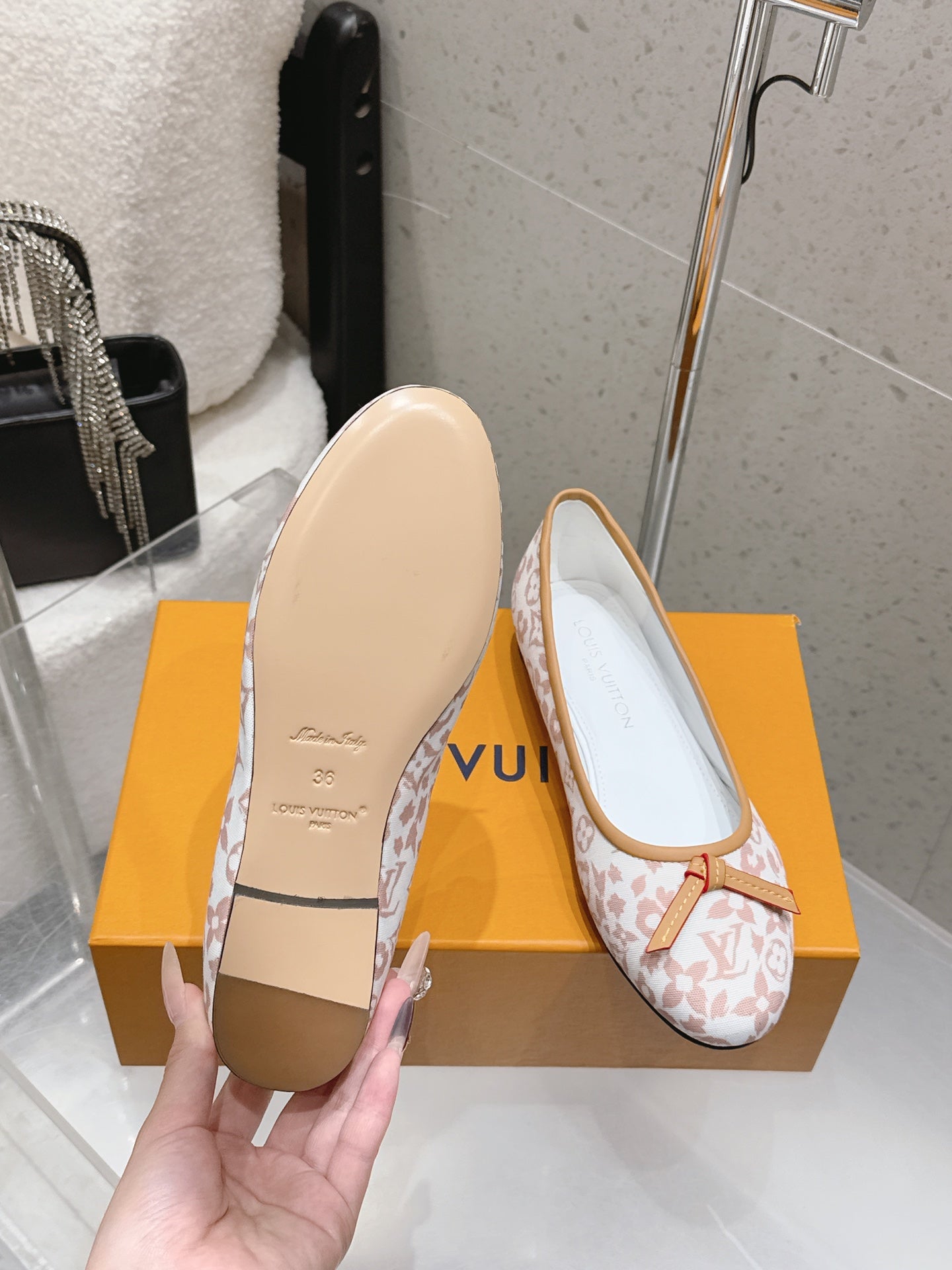 LV 26S BALLET FLATS IN WHITE PINK MONOGRAM CANVAS WITH BEIGE CALFSKIN BOW