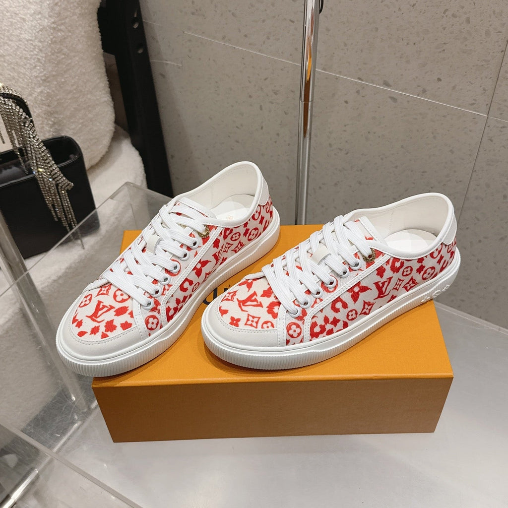LV 26S LOW TOP SNEAKERS IN RED MONOGRAM CANVAS AND WHITE CALFSKIN TRIM