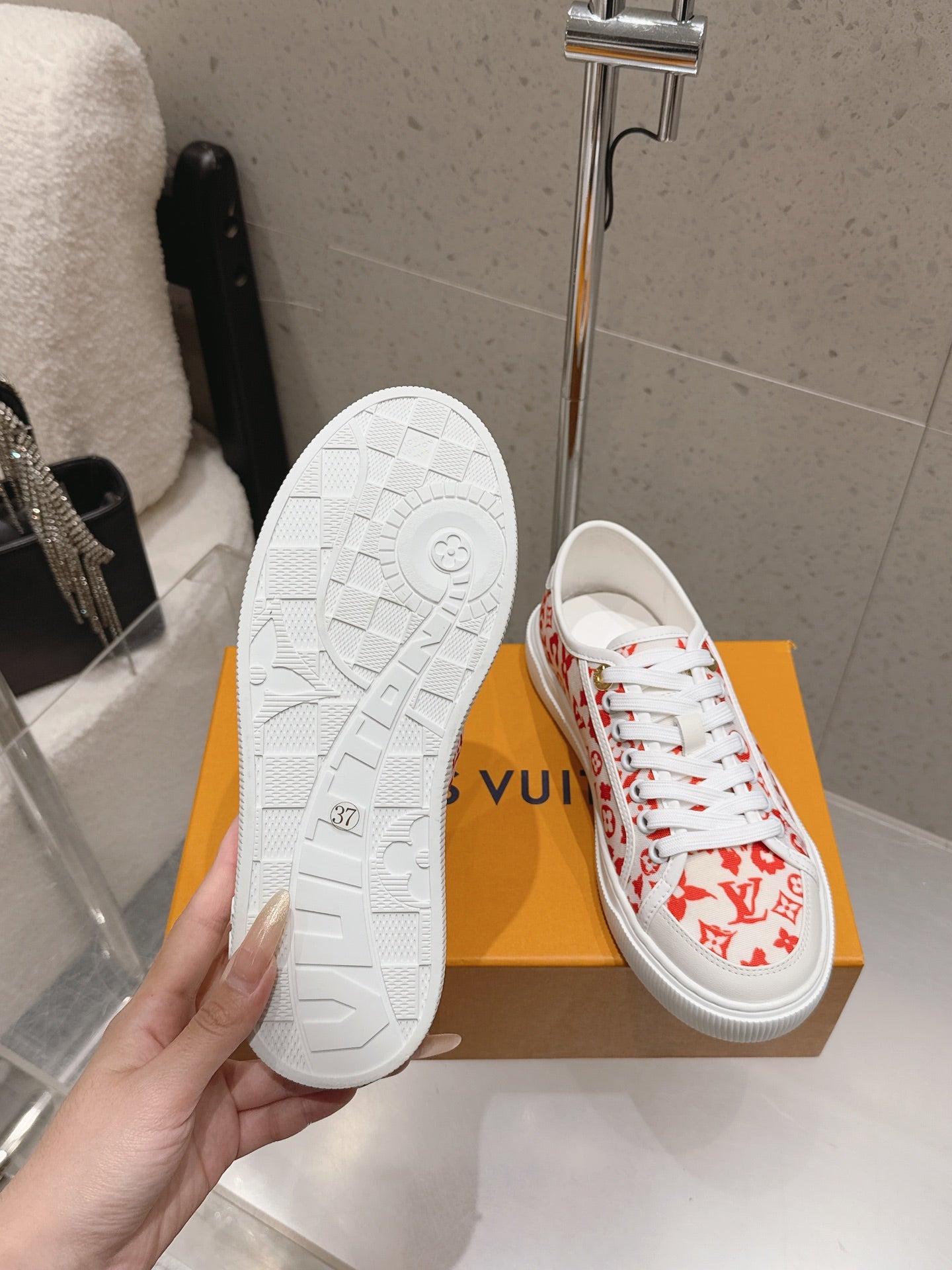 LV 26S LOW TOP SNEAKERS IN RED MONOGRAM CANVAS AND WHITE CALFSKIN TRIM