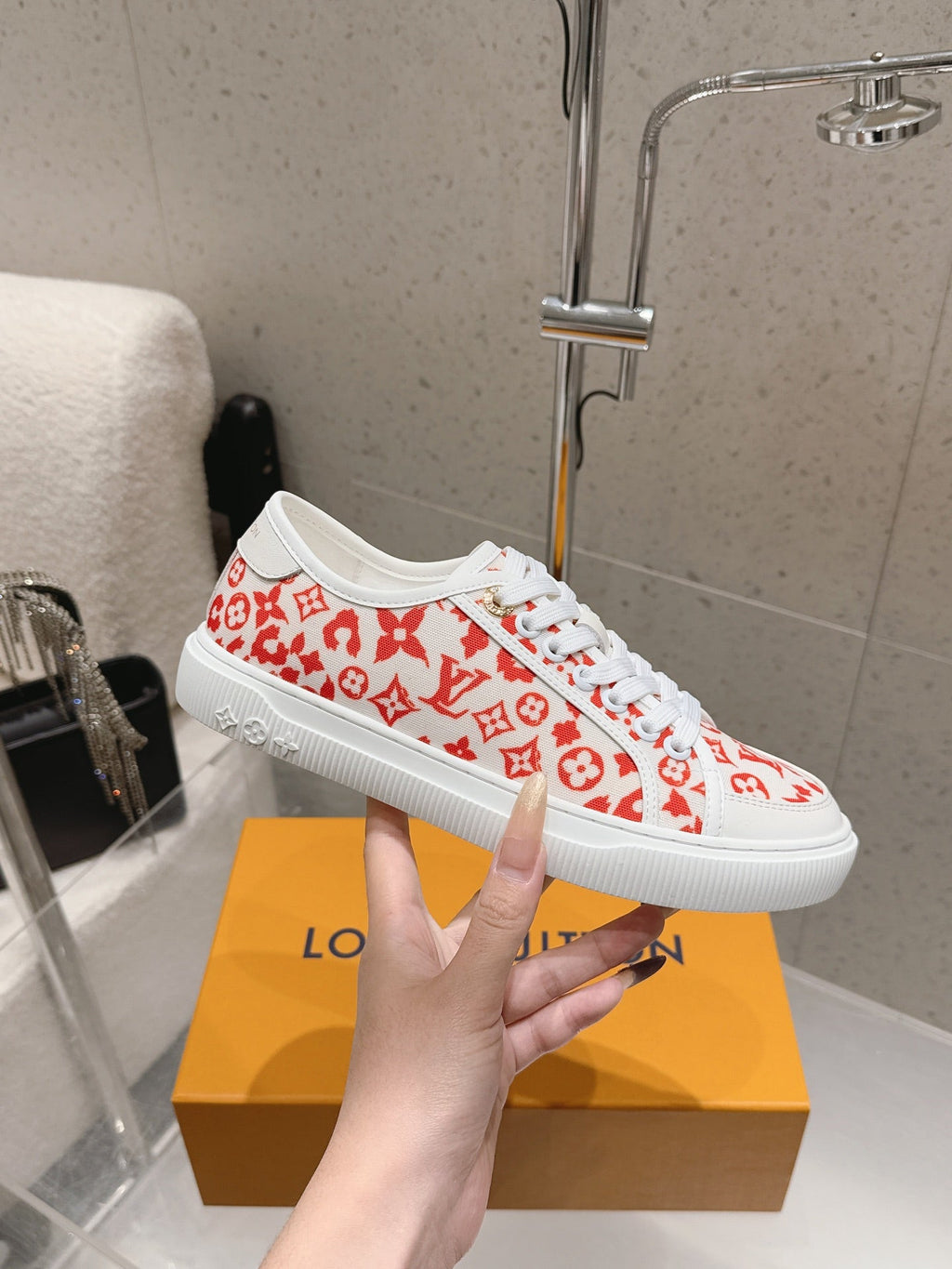 LV 26S LOW TOP SNEAKERS IN RED MONOGRAM CANVAS AND WHITE CALFSKIN TRIM