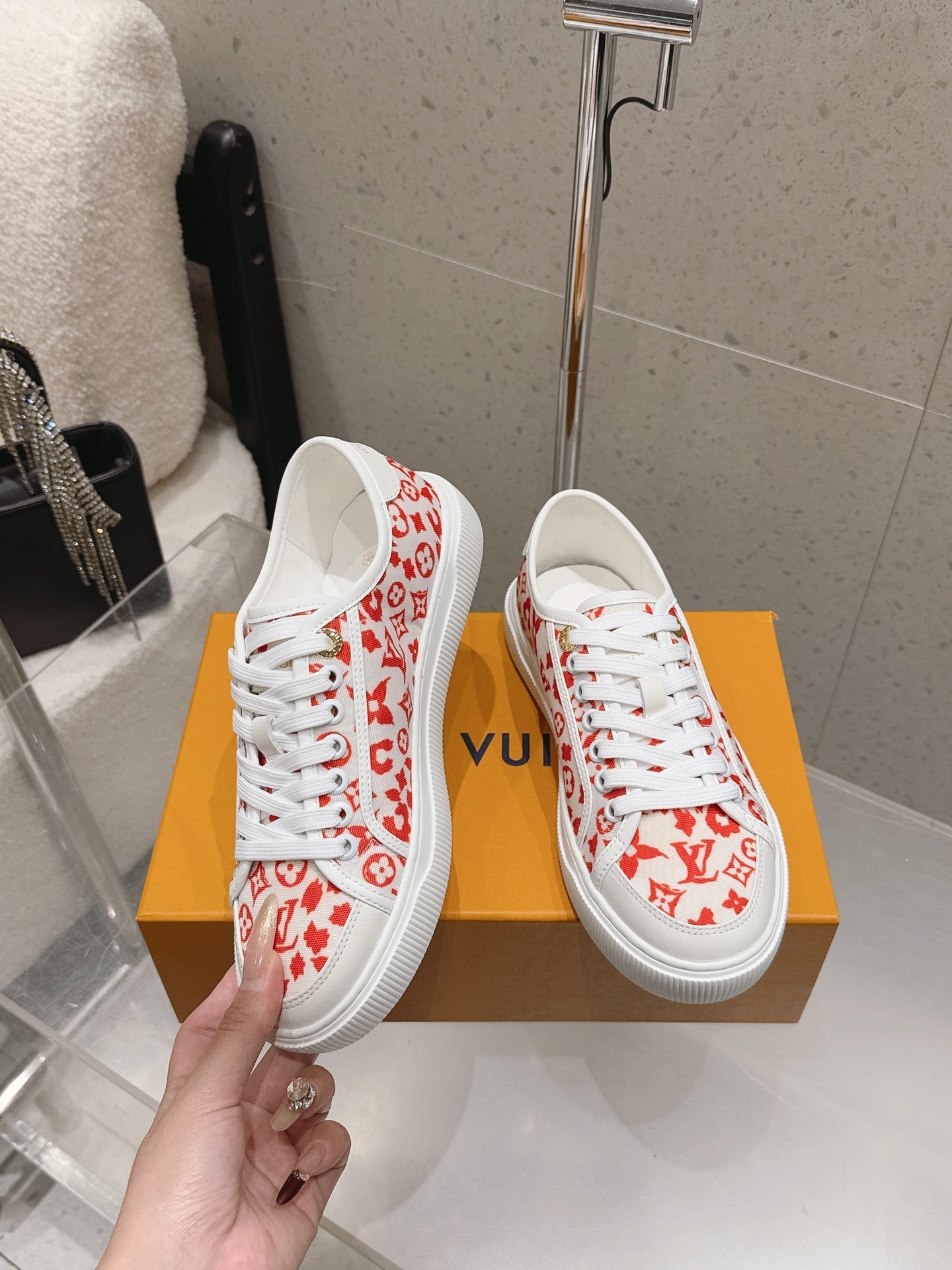 LV 26S LOW TOP SNEAKERS IN RED MONOGRAM CANVAS AND WHITE CALFSKIN TRIM
