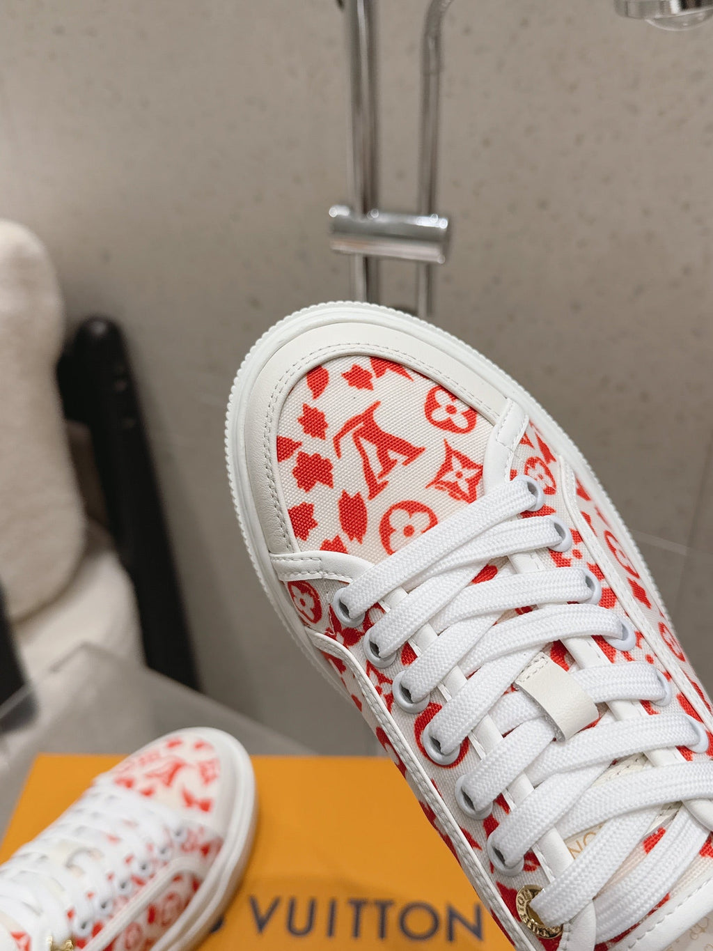 LV 26S LOW TOP SNEAKERS IN RED MONOGRAM CANVAS AND WHITE CALFSKIN TRIM