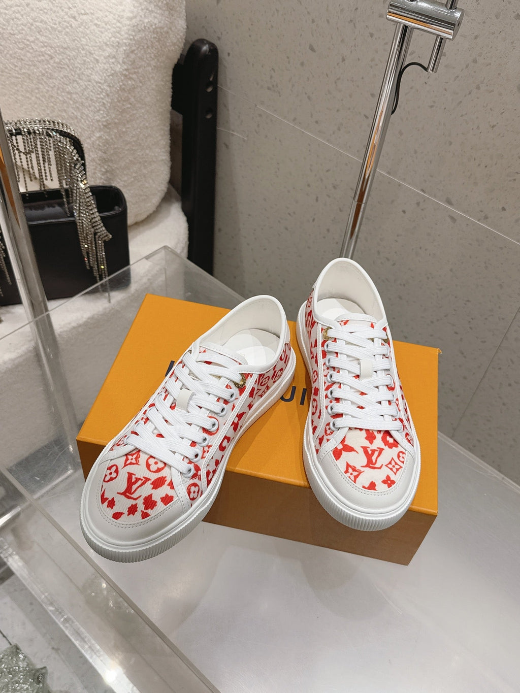 LV 26S LOW TOP SNEAKERS IN RED MONOGRAM CANVAS AND WHITE CALFSKIN TRIM
