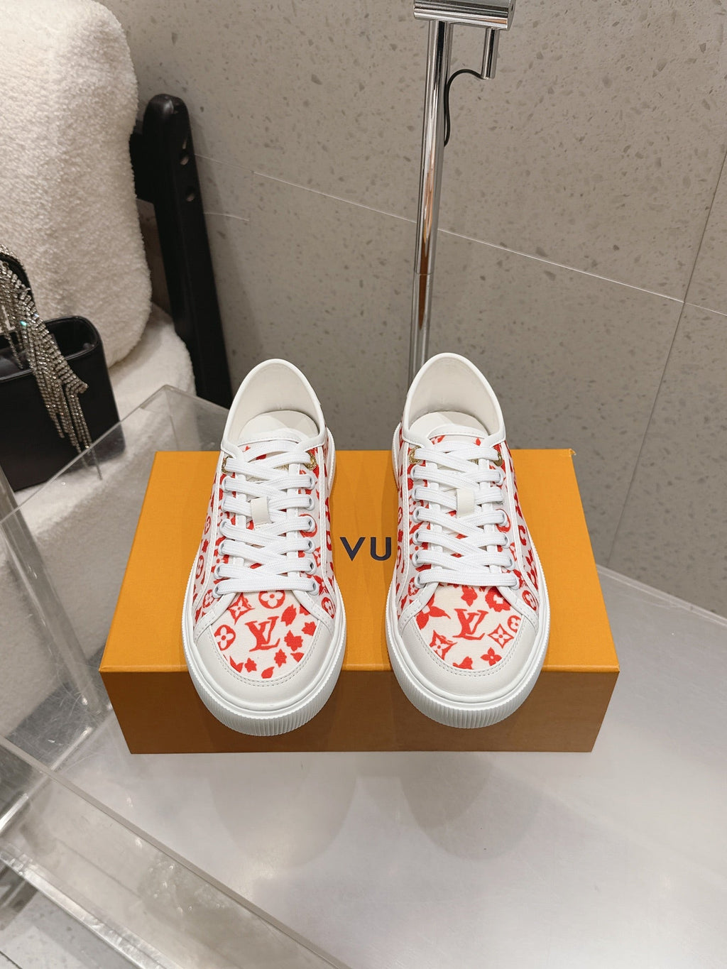 LV 26S LOW TOP SNEAKERS IN RED MONOGRAM CANVAS AND WHITE CALFSKIN TRIM