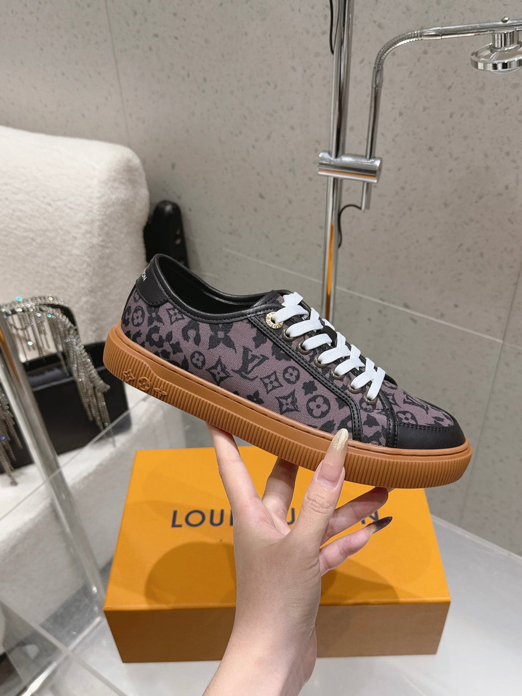 LV 26S LOW TOP SNEAKERS IN PURPLE MONOGRAM CANVAS AND BLACK CALFSKIN TRIM