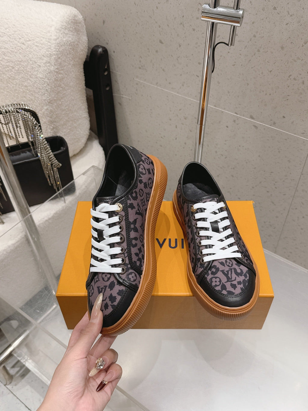 LV 26S LOW TOP SNEAKERS IN PURPLE MONOGRAM CANVAS AND BLACK CALFSKIN TRIM
